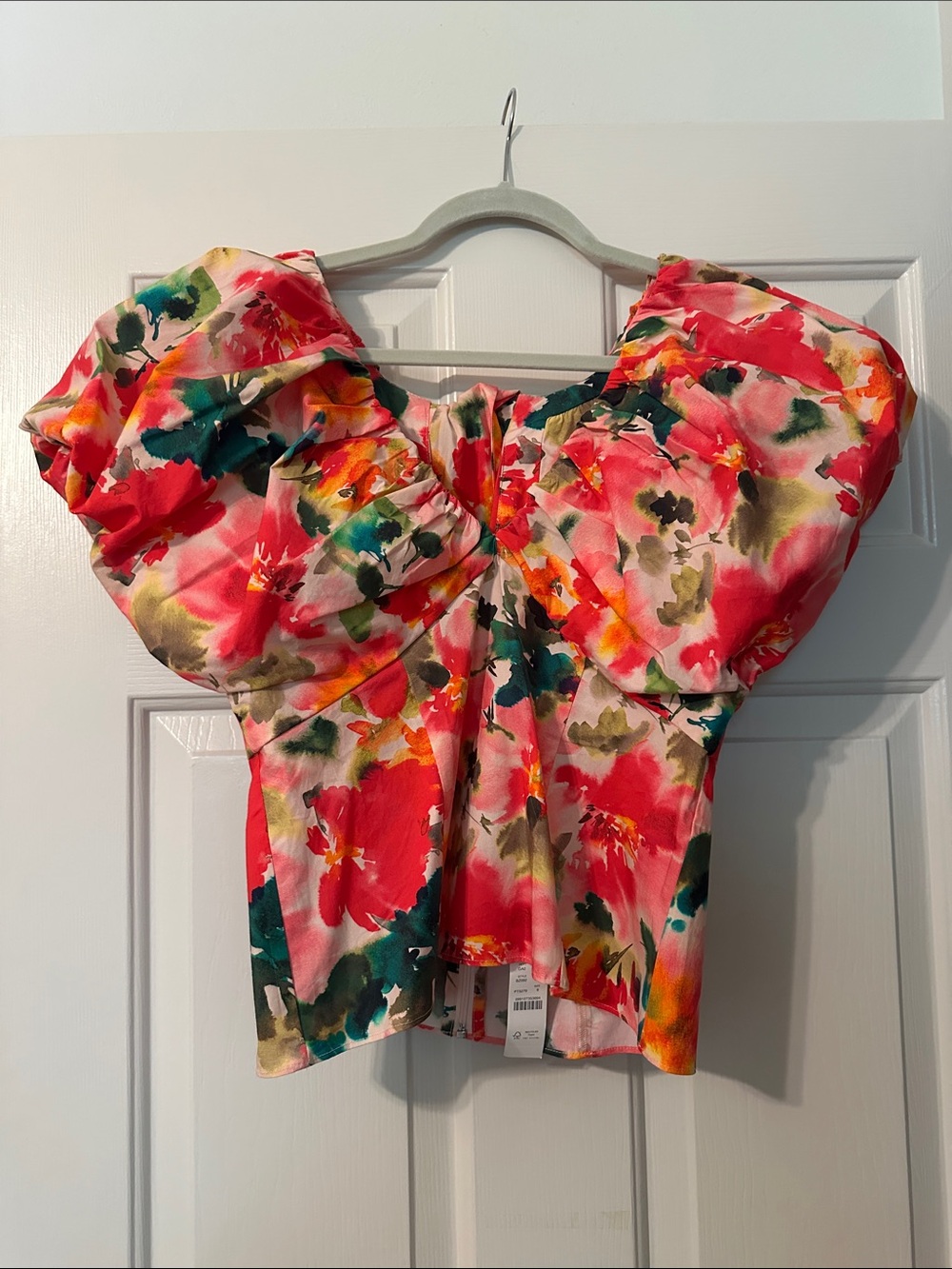 J. Crew Watercolor Floral Puff-Sleeve Top in Coral, Green and Yellow